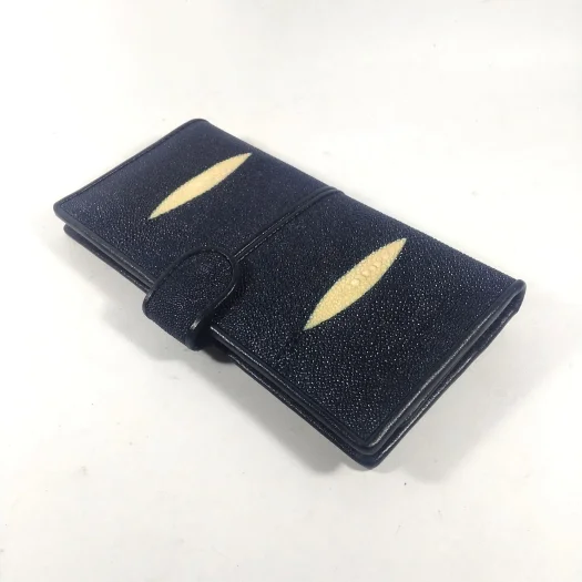 Mool Leather Women’s Stingray Leather Long Bifold Wallet in Navy Blue with Twin Diamond Crown Detail