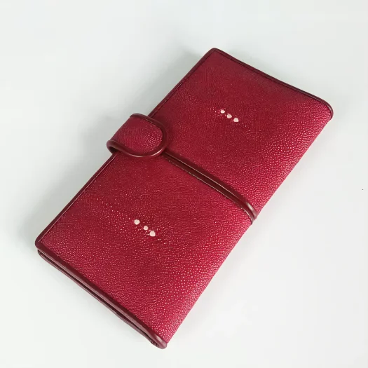 Mool Leather Women’s Stingray Leather Long Bifold Wallet in Maroon with Dual Signature Three-Pearl Crown Detail