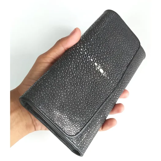 Mool Leather Genuine Polished Black Stingray Leather Trifold Wallet for Women