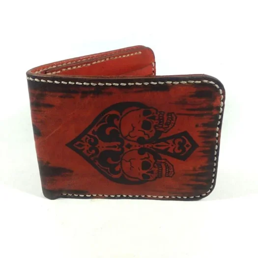 Mool Leather Men’s Handmade Cowhide Leather Bifold Wallet in Blood-Red Tone with Skull Design