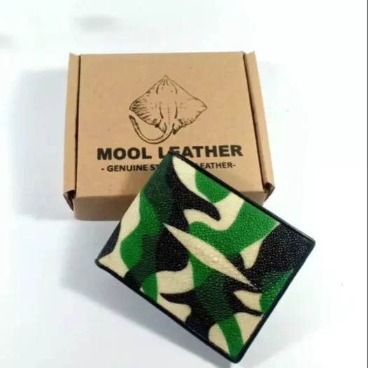 Mool Leather Limited Edition Men’s Stingray Leather Bifold Wallet with Army Camouflage Design and Diamond Crown Detail