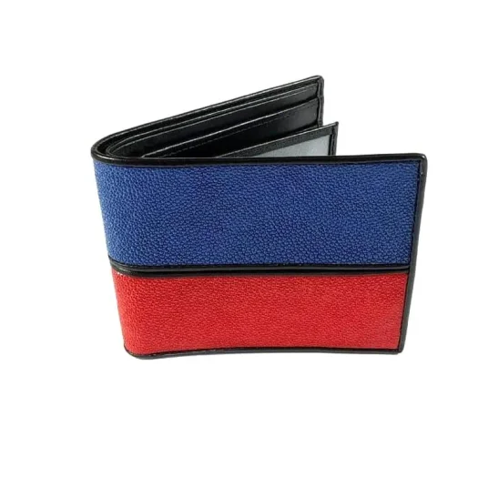 Mool Leather Men’s Stingray Leather Bifold Wallet in Blue and Red
