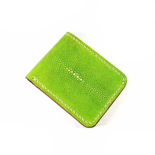 Mool Leather Handmade Genuine Stingray Leather Bifold Wallet in Green with Stitched Edge