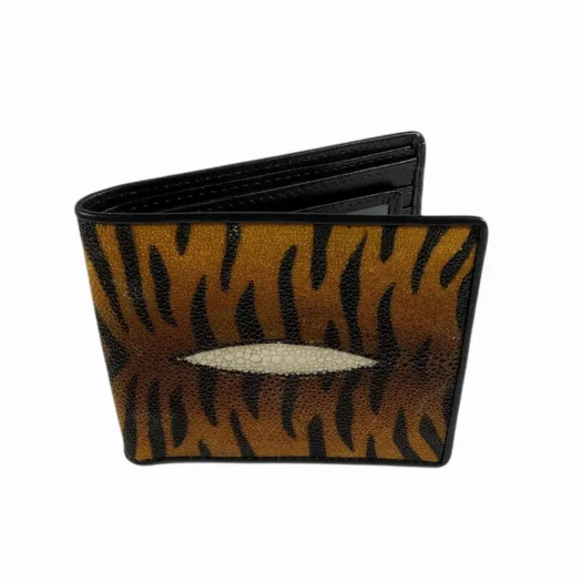 Mool Leather Men’s Genuine Stingray Leather Bifold Wallet in Yellow Tiger Pattern
