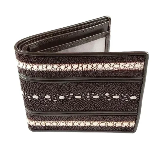 Mool Leather Men’s Multi-Spine Stingray Leather Bifold Wallet in Brown with Three Line Spine Detail