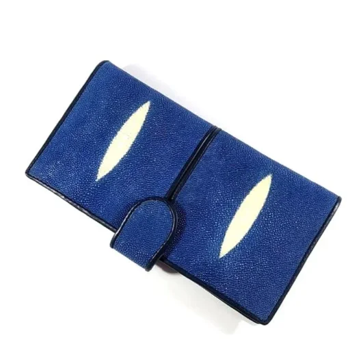 Mool Leather Women’s Stingray Leather Long Bifold Wallet in Blue with Dual Diamond Crown Detail