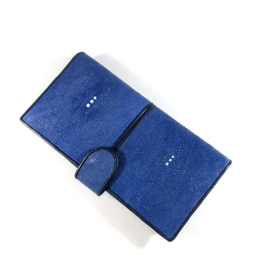 Mool Leather Women’s Stingray Leather Long Bifold Wallet in Blue with Dual Three-Pearl Crown Detail