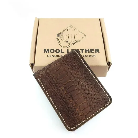 Mool Leather Men’s Handmade Python Leather Bifold Wallet in Dark Brown Finish with Stitched Edge