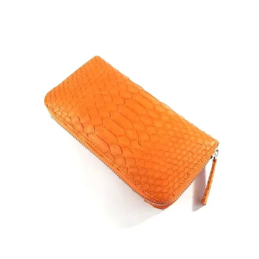 Mool Leather Women’s Genuine Python Leather Zipper Pouch Wallet in Orange Finish