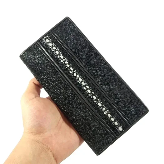 Mool Leather Men’s Multi-Spine Stingray Leather Long Bifold Wallet in Black Finish with Spine Detail