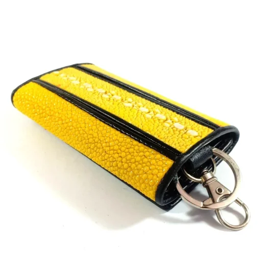 Mool Leather Genuine Multi-Spine Stingray Leather Keychain Wallet in Yellow with Vertical Spine Detail