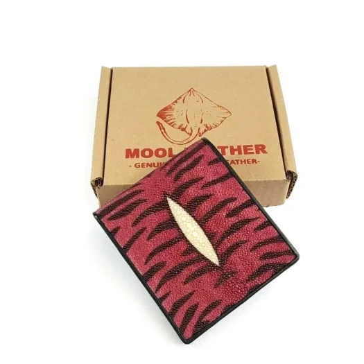 Mool Leather Men’s Stingray Leather Bifold Wallet in Red Featuring Tiger Pattern and Diamond Crown Detail