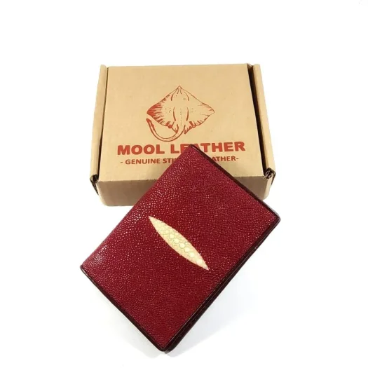 Mool Leather Women’s Stingray Leather Vertical Bifold Wallet in Maroon with Diamond Crown Detail