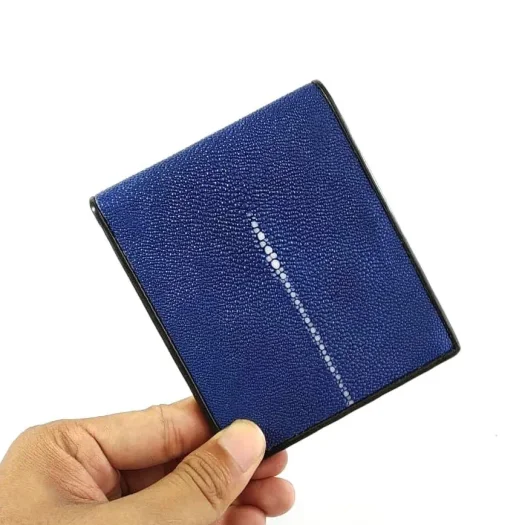Mool Leather Men’s Genuine Stingray Leather Bifold Wallet in Electric Blue Finish with Spine Detail