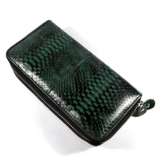 Mool Leather Women’s Genuine Python Leather Zipper Pouch Wallet in Dark Green