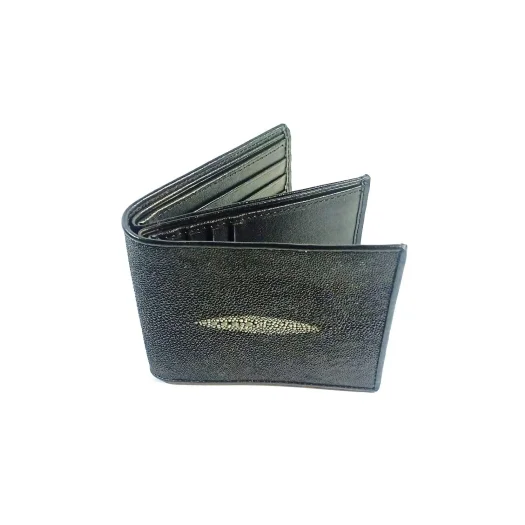 Mool Leather Men’s Stingray Leather Bifold Wallet in Black with Triple Cash Compartment and Diamond Crown Detail