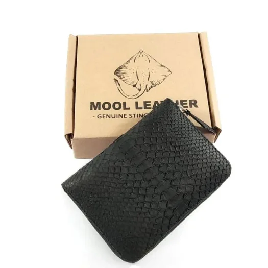 Mool Leather Women’s Genuine Python Leather Zipper Pouch Wallet in Black Finish