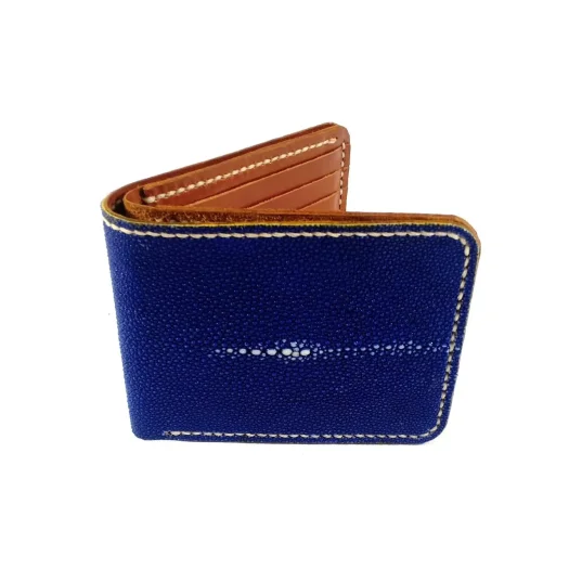 Mool Leather Men’s Handmade Stingray Leather Bifold Wallet in Electric Blue with Stitched Edge Detail