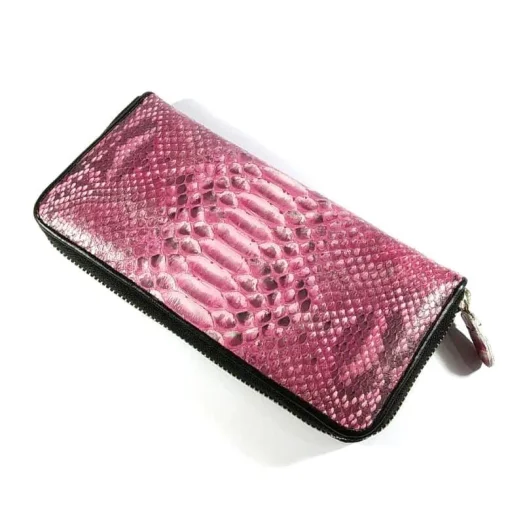 Mool Leather Women’s Genuine Python Leather Zipper Pouch Wallet in Pink Natural Finish