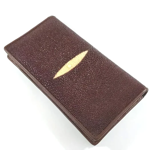 Mool Leather Men’s Stingray Leather Long Bifold Wallet in Dark Brown with Central Diamond Crown Detail