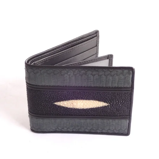 Mool Leather Men’s Bifold Wallet in Stingray and Cobra Leather Combination with Diamond Crown Detail