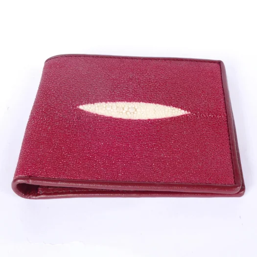 Mool Leather Men’s Genuine Stingray Leather Bifold Wallet in Red with Diamond Crown Detail