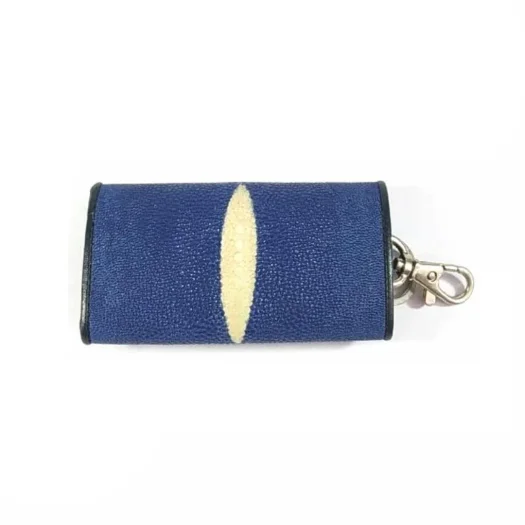Mool Leather Genuine Stingray Leather Keychain Wallet in Light Blue Finish with Diamond Crown Detail