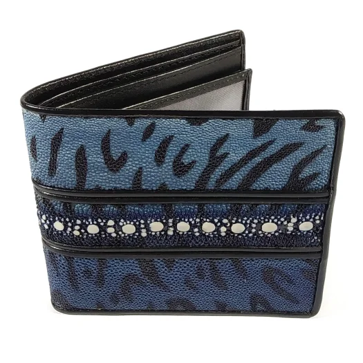 Mool Leather Men’s Multi-Spine Stingray Leather Bifold Wallet in Blue with Tiger Motif and Spine Detail