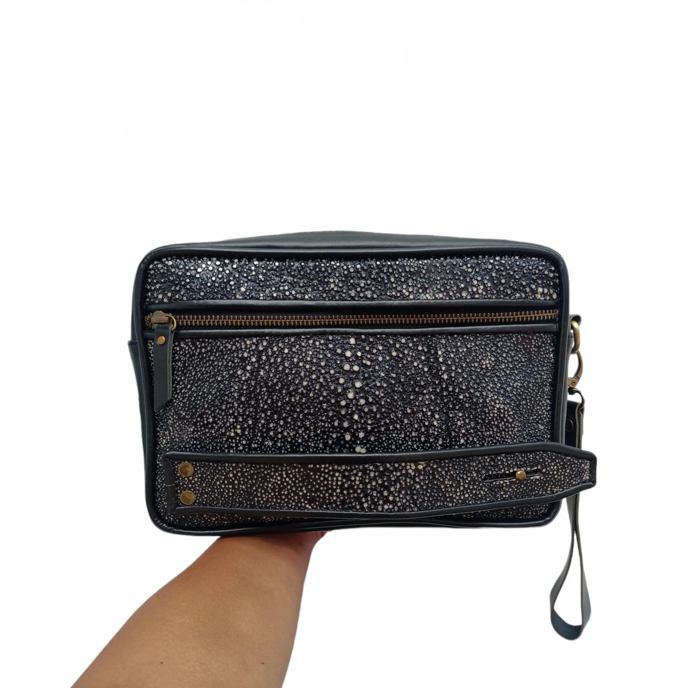 Mool Leather Unisex Stingray Leather Pouch Handbag in Black | Nusamade Mool Leather Unisex Stingray Leather Pouch Handbag in Black - Image 4