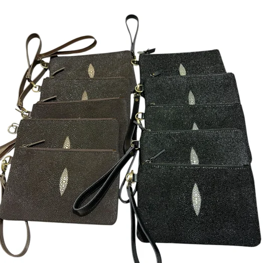 Mool Leather Unisex Genuine Stingray Leather Clutch Bag with Diamond Crown Detail and Wrist Strap