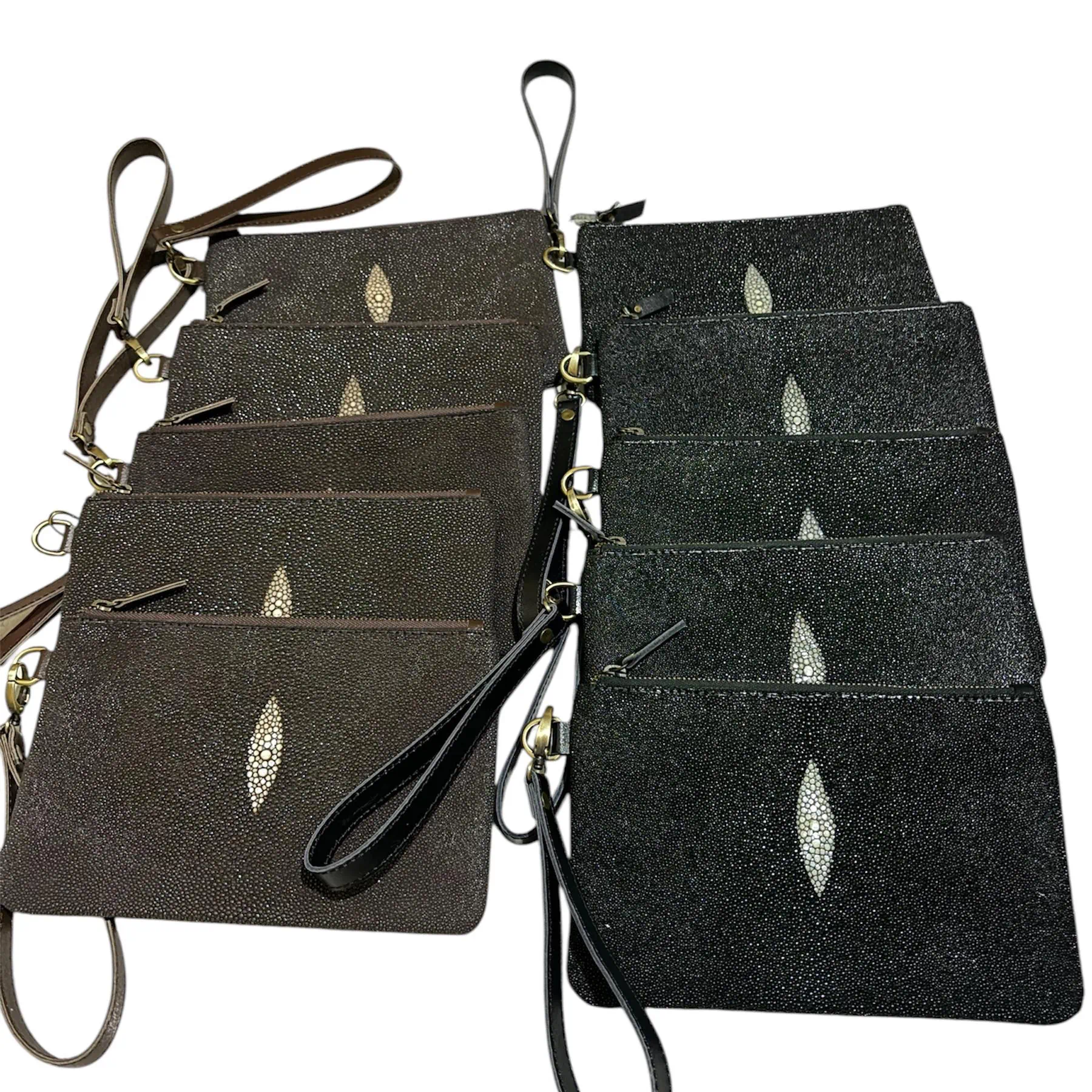 Mool Leather Unisex Genuine Stingray Leather Clutch Bag with Diamond Crown Detail and Wrist Strap