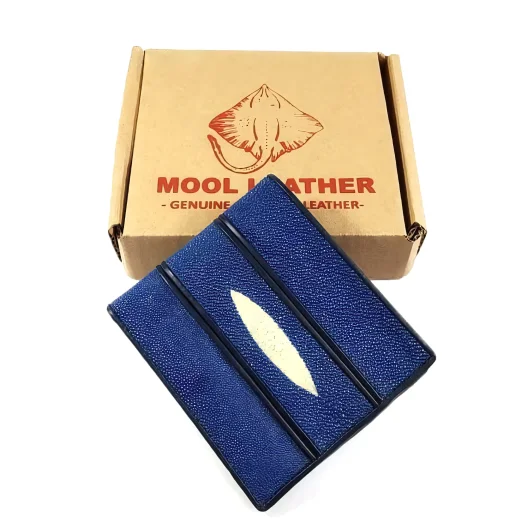 Mool Leather Men’s Genuine Stingray Leather Bifold Wallet in Blue with Double Trim Line and Diamond Crown Detail