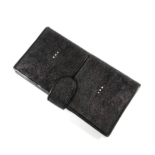 Mool Leather Women’s Stingray Leather Long Bifold Wallet in Black with Dual Three-Pearl Crown Detail