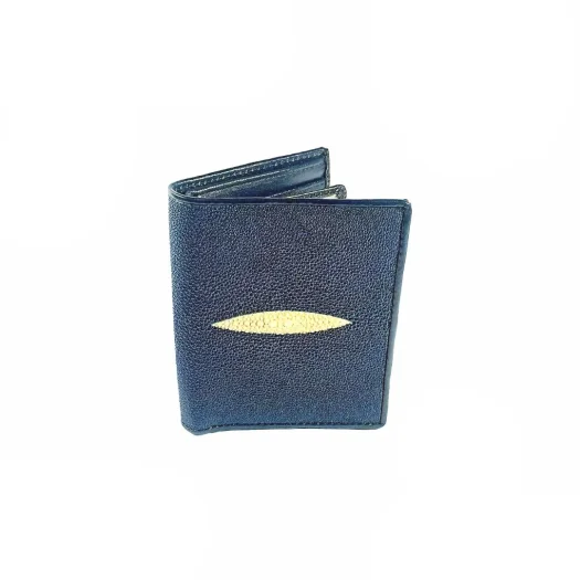 Mool Leather Men’s Vertical Stingray Leather Bifold Wallet in Navy Blue with Diamond Crown Detail