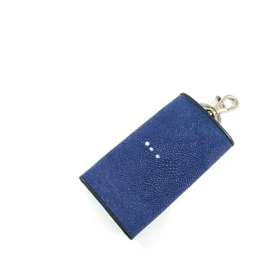 Mool Leather Genuine Stingray Leather Keychain Wallet in Blue Finish with Three-Pearl Crown Detail