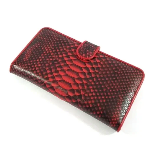 Mool Leather Women’s Python Leather Long Bifold Wallet in Dark Red Finish