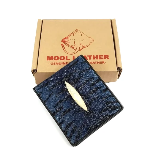 Mool Leather Men’s Stingray Leather Bifold Wallet in Blue Featuring Tiger Pattern and Diamond Crown Detail