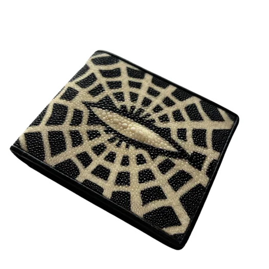 Mool Leather Men’s Stingray Leather Bifold Wallet with Spider Web Pattern and Diamond Crown Detail