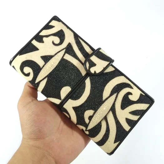 Mool Leather Stingray Leather Long Bifold Wallet in Black Featuring Borneo Dayak Batik Design and Dual Diamond Crown Detail