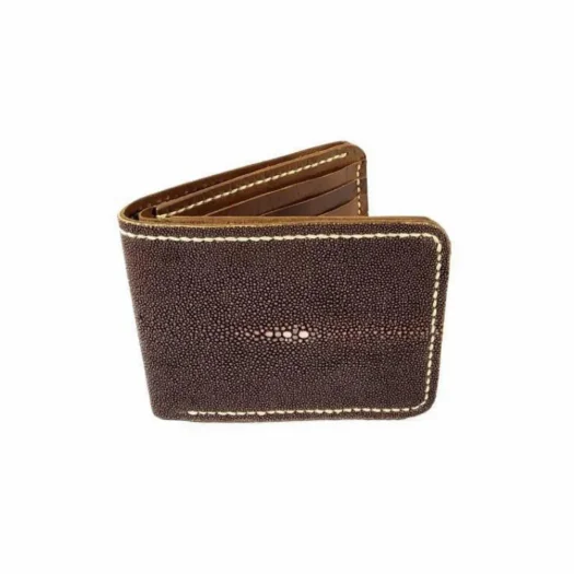 Mool Leather Handmade Genuine Stingray Leather Bifold Wallet in Brown with Stitched Edge