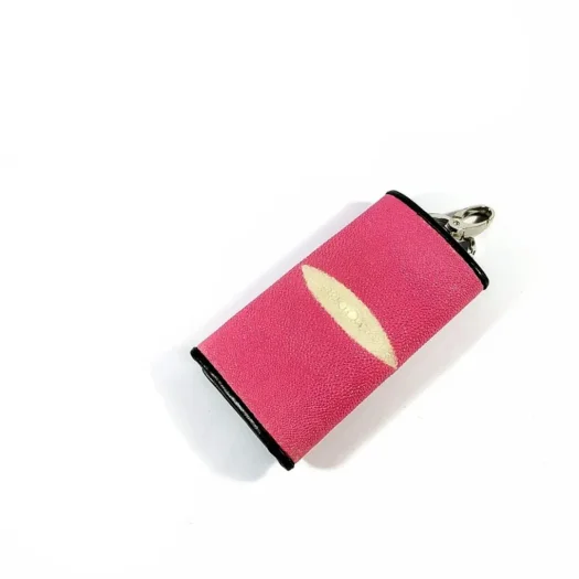 Mool Leather Stingray Leather Keychain Wallet in Pink with Diamond Crown Detail