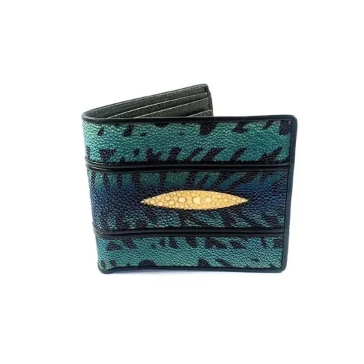 Mool Leather Men’s Stingray Leather Bifold Wallet with Tiger Motif and Diamond Crown Detail