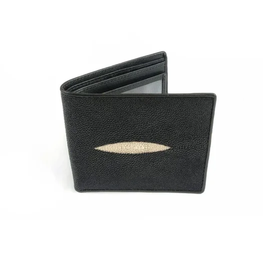 Mool Leather Men’s Stingray Leather Bifold Wallet in Black with Diamond Crown Detail and Cowhide Leather Interior