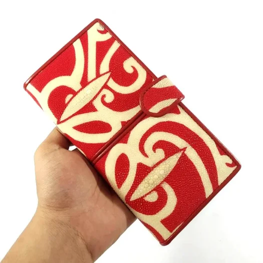 Mool Leather Genuine Stingray Leather Long Bifold Wallet with Borneo Batik Pattern in Red