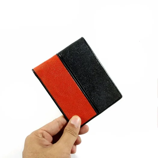 Mool Leather Men’s Stingray Leather Bifold Wallet in Black and Orange with Cowhide Interior