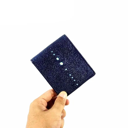 Mool Leather Men’s High-grade Stingray Leather Bifold Wallet in Dark Blue with Spine Detail