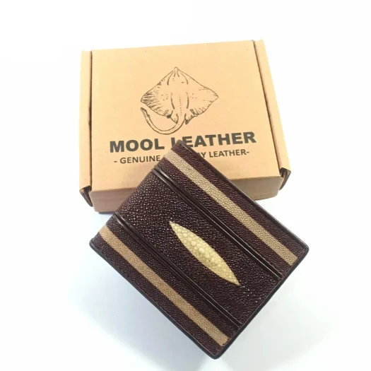 Mool Leather Men’s Stingray Leather Bifold Wallet in Brown with Cowhide Interior, Double Stripe Pattern, and Diamond Crown Detail