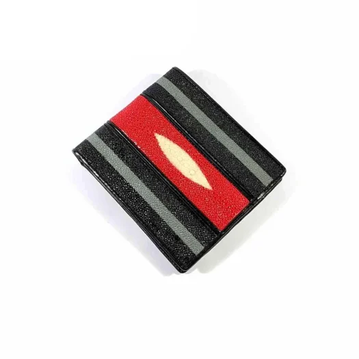 Mool Leather Men’s Stingray Leather Bifold Wallet in Black and Red with Double Stripe Design and Diamond Crown Detail