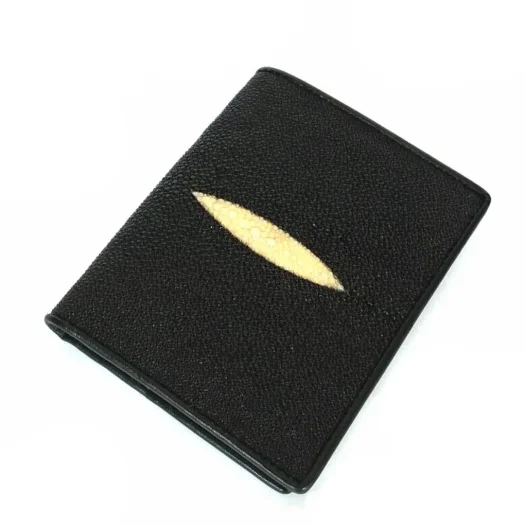 Mool Leather Men’s Genuine Stingray Leather Vertical Bifold Wallet in Black with Diamond Crown Detail