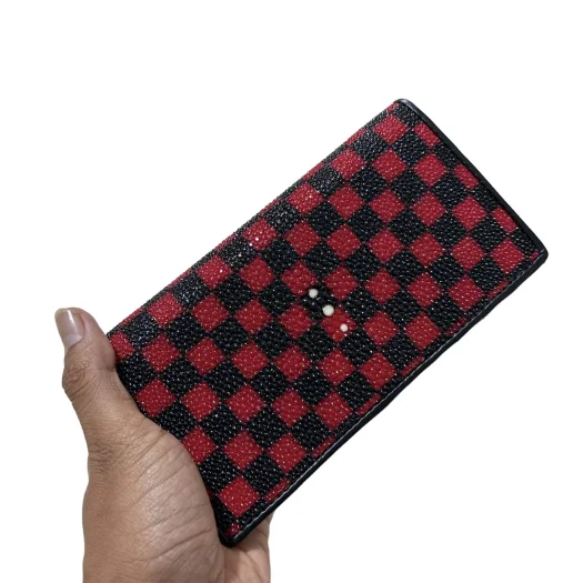 Mool Leather Unisex Genuine Stingray Leather Long Bifold Wallet with Checkered Pattern